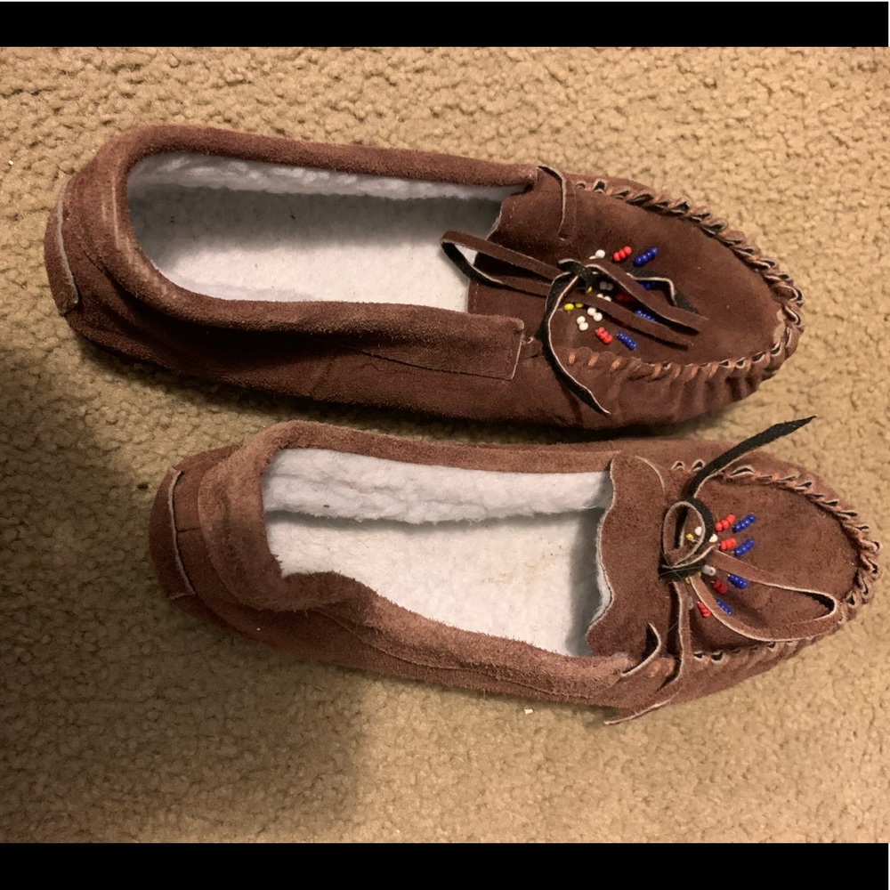 Brown Moccasin Slippers with Beaded Accents!